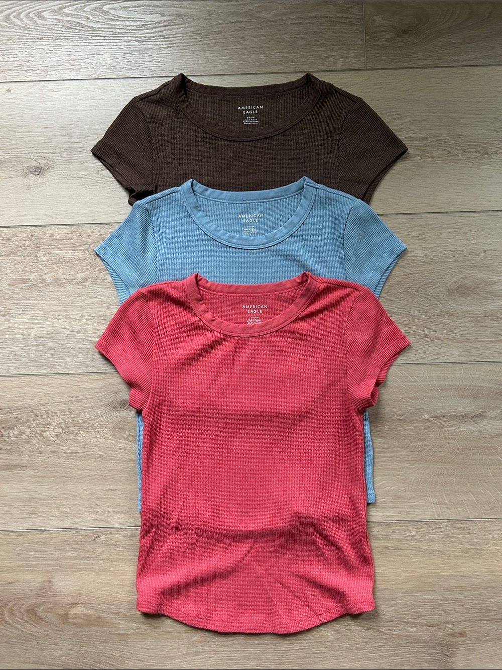 American Eagle Outfitters Short Sleeve Ribbed Tees in Redish pink, Blue, Brown